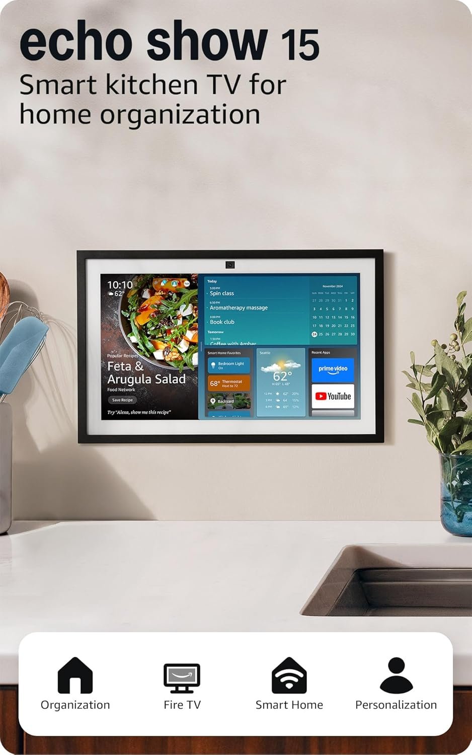 Like-New Amazon Echo Show 15 (newest model), Full HD 15.6″ kitchen hub for home organization, with built-in Fire TV, Designed for Alexa+