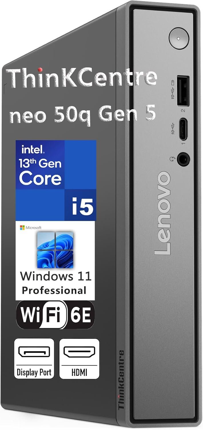 Lenovo ThinkCentre neo 50q Gen 5 Mini Desktop PC, Intel Core i5-13420H 8-Core, 32GB DDR5 RAM, 1TB SSD, WiFi 6E, Bluetooth 5.3, Dual Display, USB-C, Windows 11 Pro – Business Office Remote Work