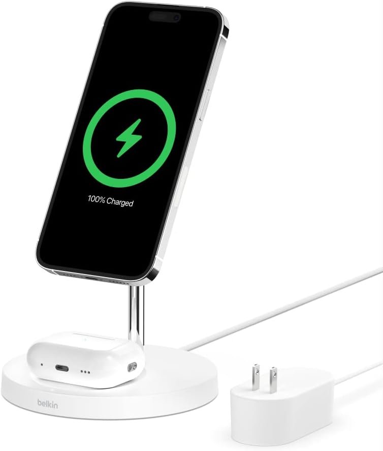 Belkin MagSafe 2-in-1 Wireless Charging Stand for Apple iPhone 16, iPhone 15, iPhone 14, & iPhone 13 Series & AirPods – MagSafe Fast Charging Station for Multiple Devices – White