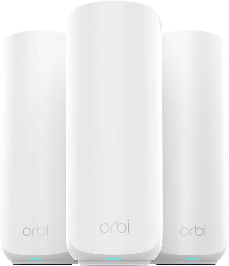 NETGEAR Orbi 370 Series Dual-Band WiFi 7 Mesh System for Home (RBE373) – Wireless Router (no Modem) + 2 Extenders, Security Features, 5 Gbps, Covers 6,000 sq.ft., 70 Devices, 2.5GB Port, BE5000