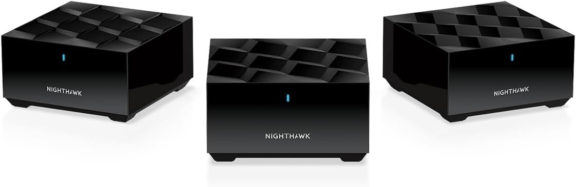 NETGEAR Nighthawk Tri-Band Whole Home Mesh WiFi 6 System (MK73S) – Router + 2 Satellite Extenders – 3Gbps Speed – Coverage up to 4,500 sq. ft., 25 Devices – Includes 1-Year Armor – AX3000 802.11ax