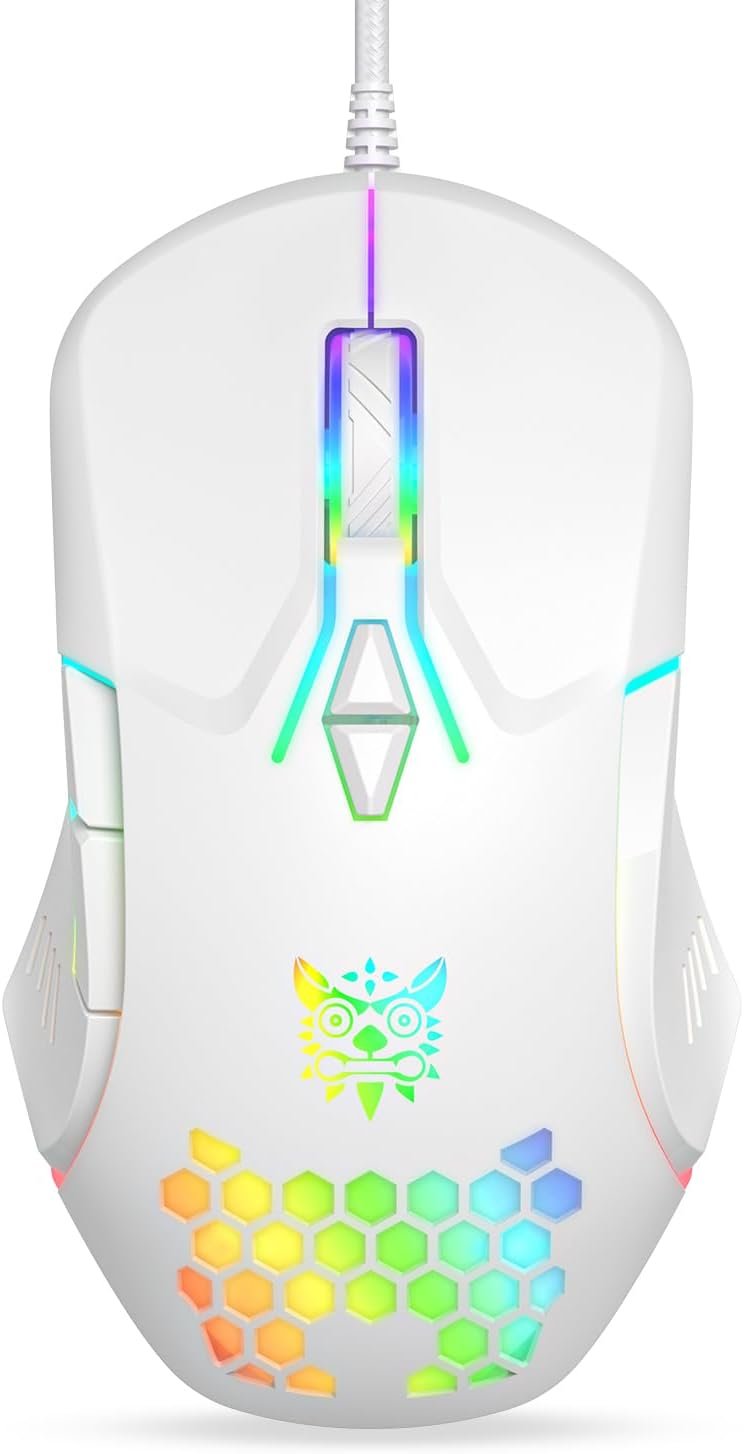 Wired USB Mouse, Computer Mouse with RGB Lighting, 4 Adjustable DPI, Ergonomic Optical Office Mouse, 7 Buttons Corded Mice for Window/PC/Laptop/Desktop/Mac/Chromebook, White