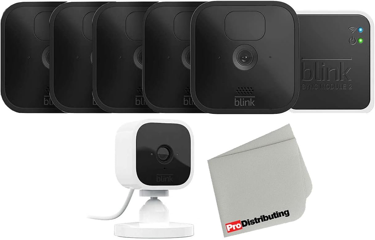 Outdoor Blink Wireless Security Camera with Indoor Mini Camera Bundle and Microfiber Cloth (Black), 5 Count (Pack of 1)