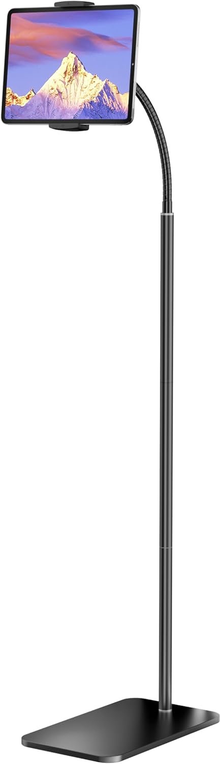 LanPavilion iPad Stand, Adjustable Tablet Floor Stand Metal Tablet Holder with Flexible Gooseneck, Compatible with iPad, Kindle, and Cell Phones (4.7”-13”), Ideal for Hands-Free Use