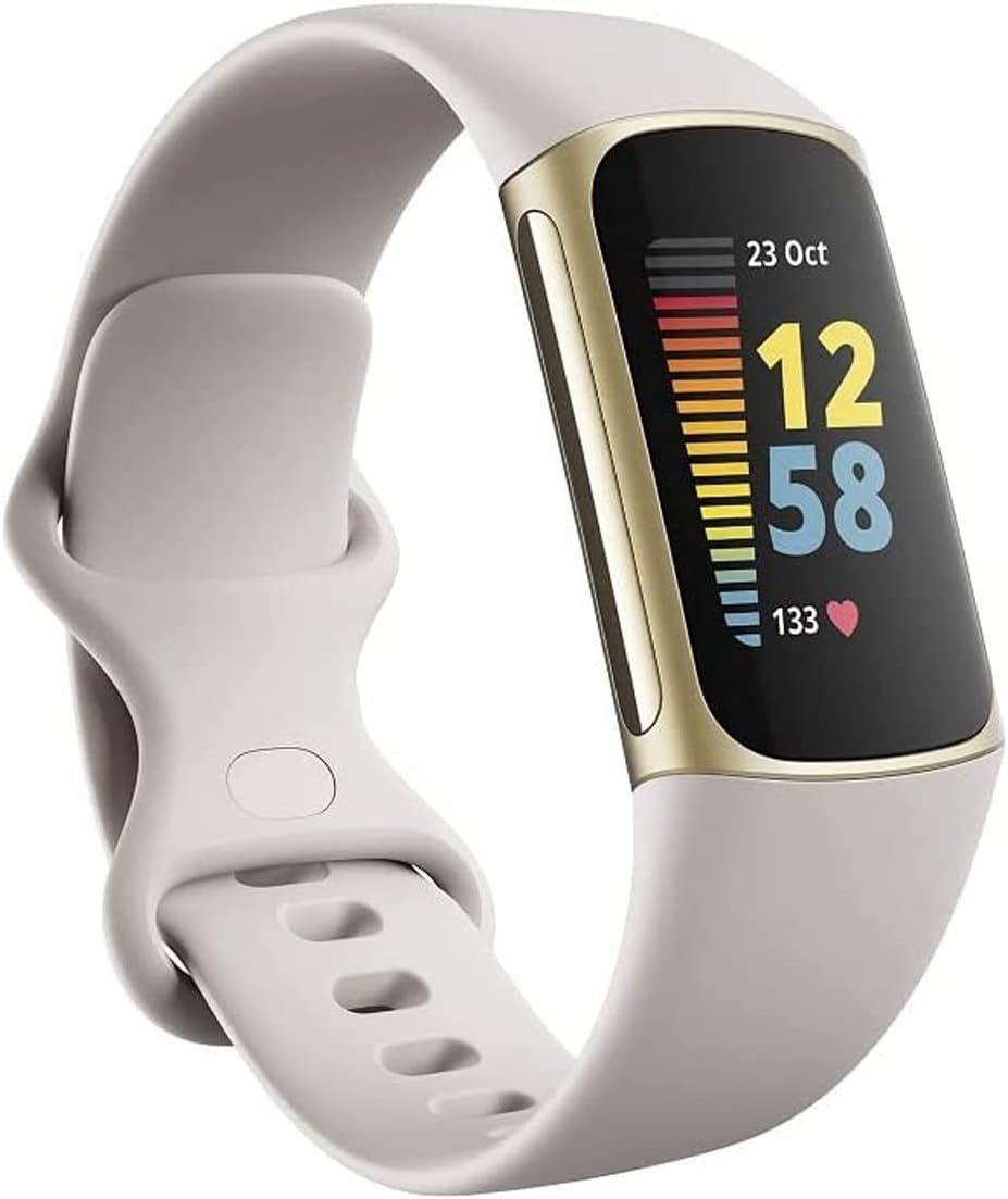 Fitbit Charge 5 Advanced Fitness & Health Tracker with Built-in GPS, Stress Management Tools, Sleep Tracking, 24/7 Heart Rate and More, One Size S & L Band, Lunar White/Soft Gold (Renewed)