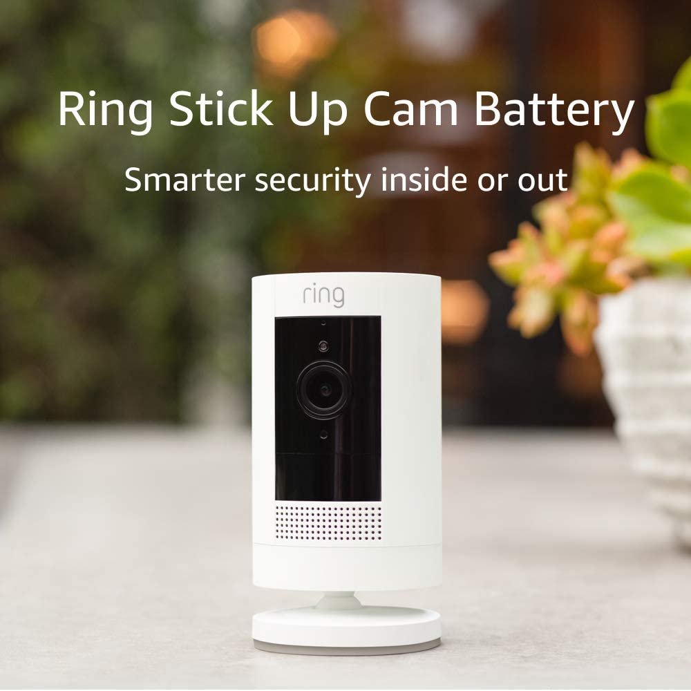 Like-New Ring Outdoor Cam (Stick Up Cam), Weather-resistant home or business security camera, outdoor ready, Live View, Color Night Vision, Two-Way Talk, motion alerts, Works with Alexa, White