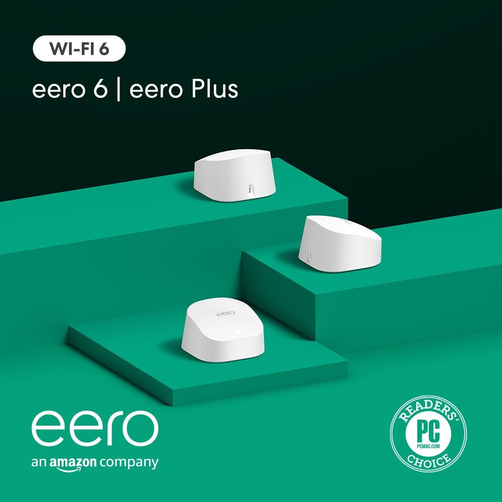 Amazon eero 6 mesh wifi system with 1-month free eero Plus (auto-renews) – Supports internet plans up to 500 Mbps, Coverage up to 4,500 sq. ft., 3-pack (1 router + 2 extenders)