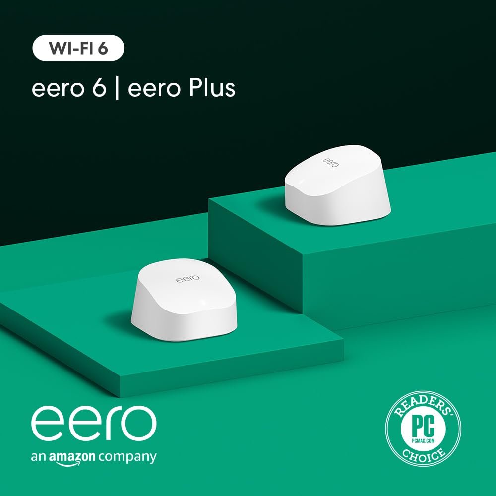 Amazon eero 6 mesh wifi system with 1-month free eero Plus (auto-renews) – Supports internet plans up to 500 Mbps, Coverage up to 3,000 sq. ft., 2-pack (1 router + 1 extender)