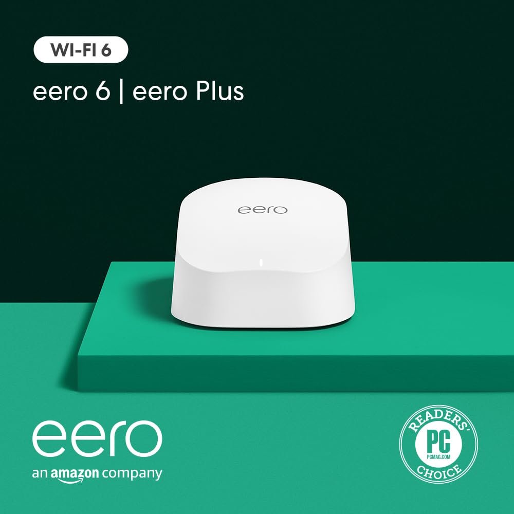 Amazon eero 6 mesh wifi router with 1-month free eero Plus (auto-renews) – Supports internet plans up to 900 Mbps, Coverage up to 1,500 sq. ft., Connect 75+ devices, 1-pack