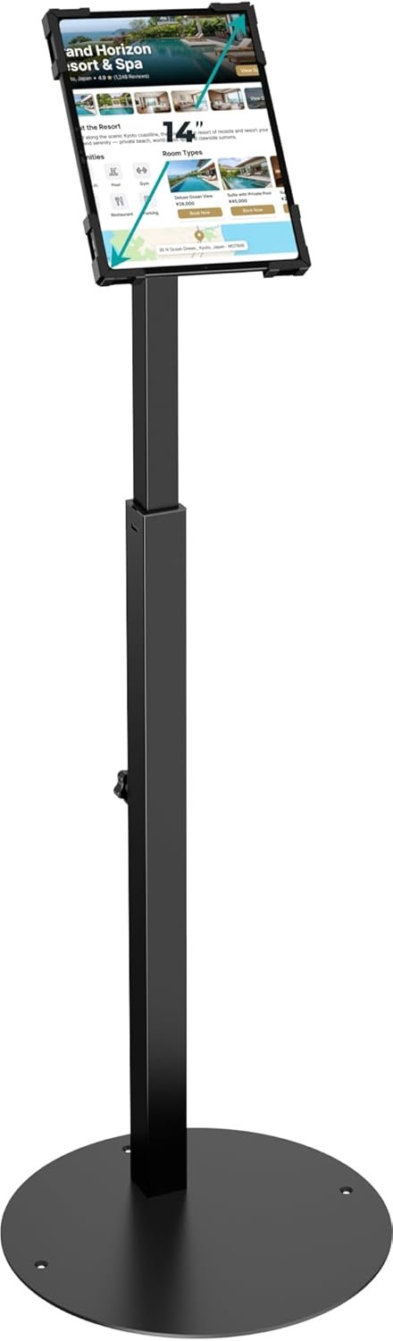 Anti-Theft iPad Kiosk Stand, Adjustable Tablet Floor Stand for Business Retail POS Checkout, Security Display Mount Fits 10-14″ iPad Pro 12.9 11 10.9, Galaxy Tab & Surface Pro, 360° Rotating