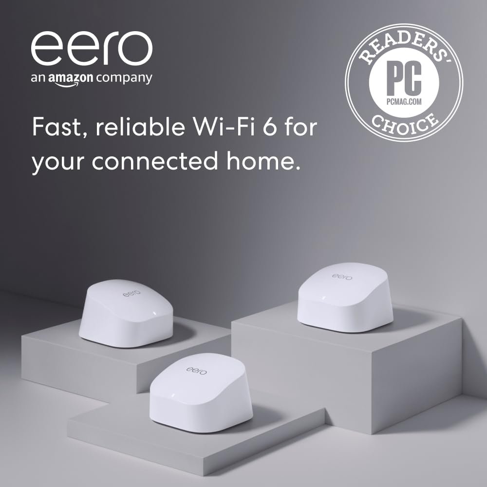 Amazon eero 6 mesh wifi system – Supports internet plans up to 500 Mbps, Coverage up to 4,500 sq. ft., Connect 75+ devices, 3-pack (1 router + 2 extenders)