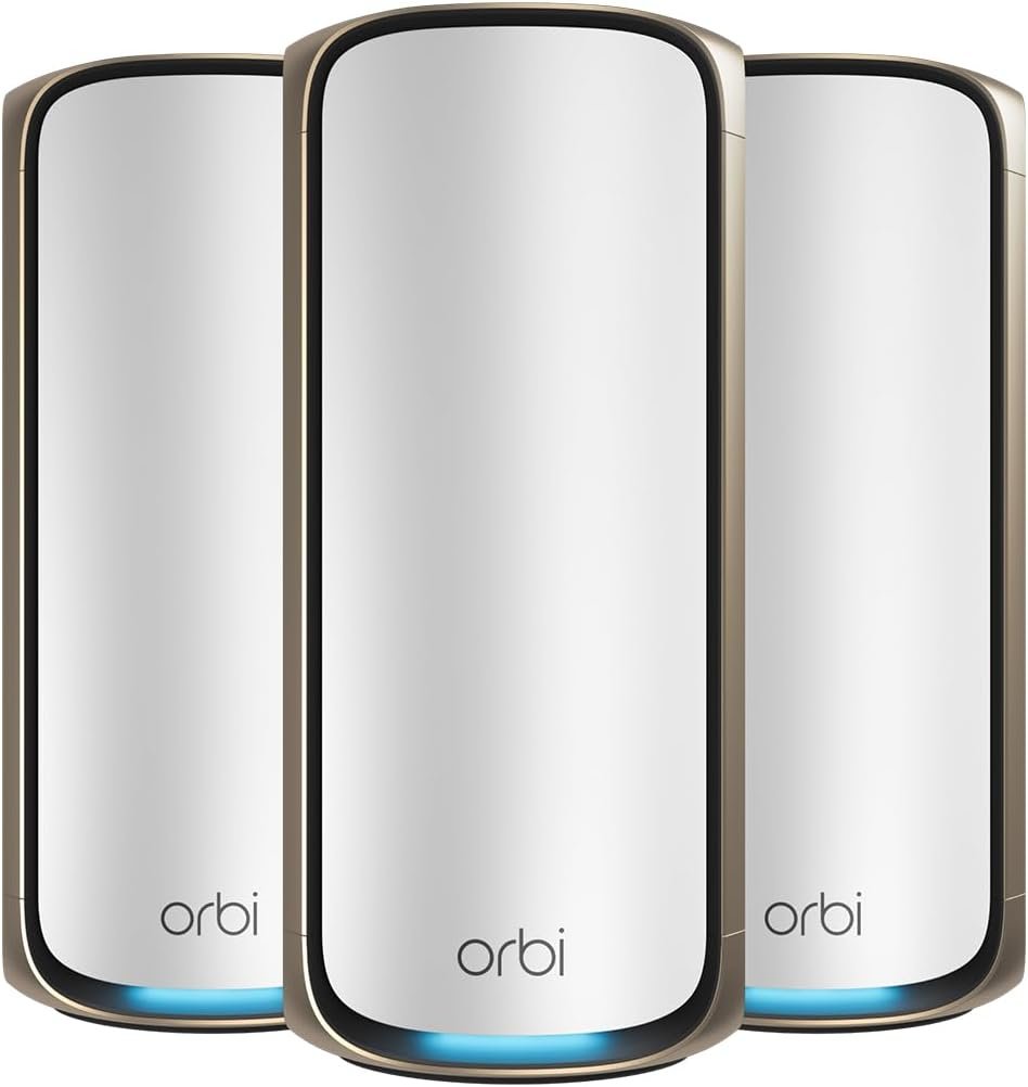 NETGEAR Orbi 970 Series Quad-Band WiFi 7 Mesh Network System (RBE973S), Router + 2 Satellite Extenders, Security Features, Up to 27Gbps, Covers Up to 10,000 sq. ft., 200 Devices, 10 Gig Internet Port