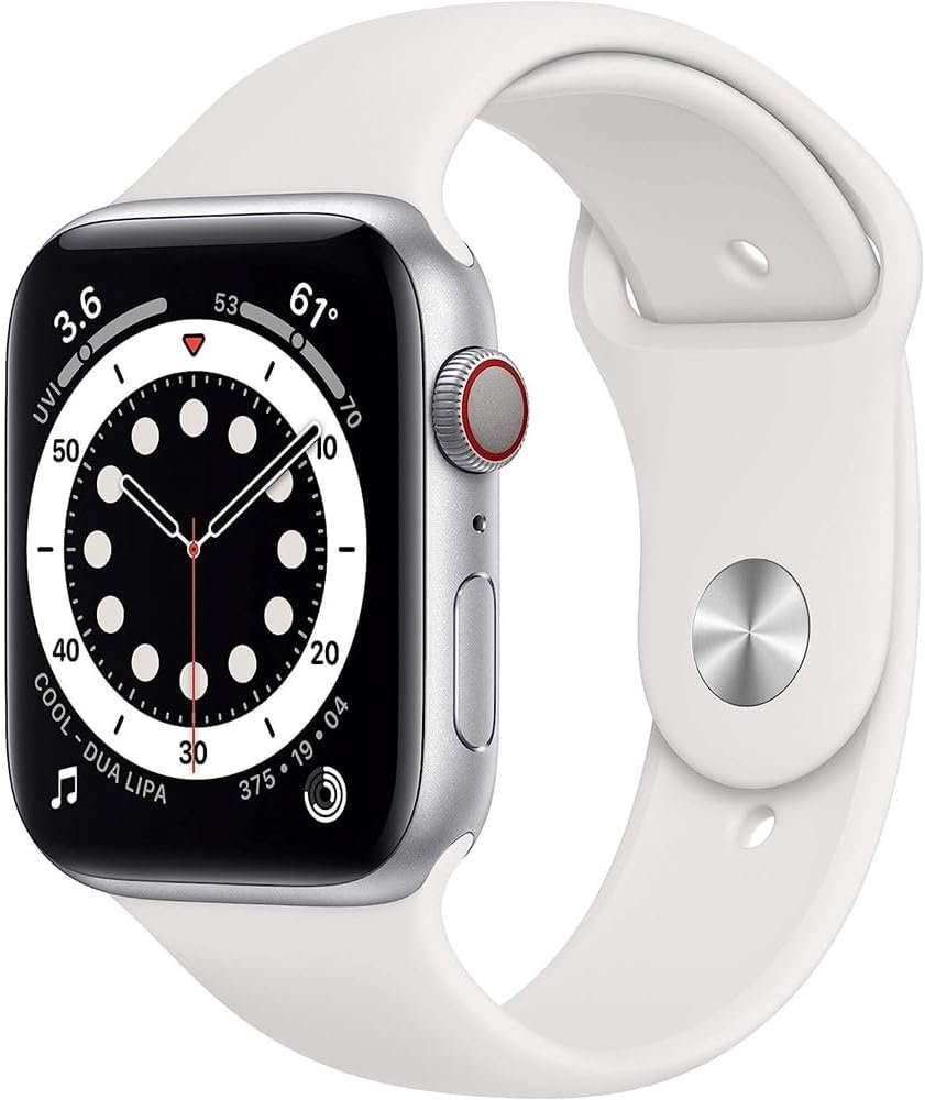 Apple Watch Series 6 (GPS + Cellular, 44mm) – Silver Aluminum Case with White Sport Band (Renewed)