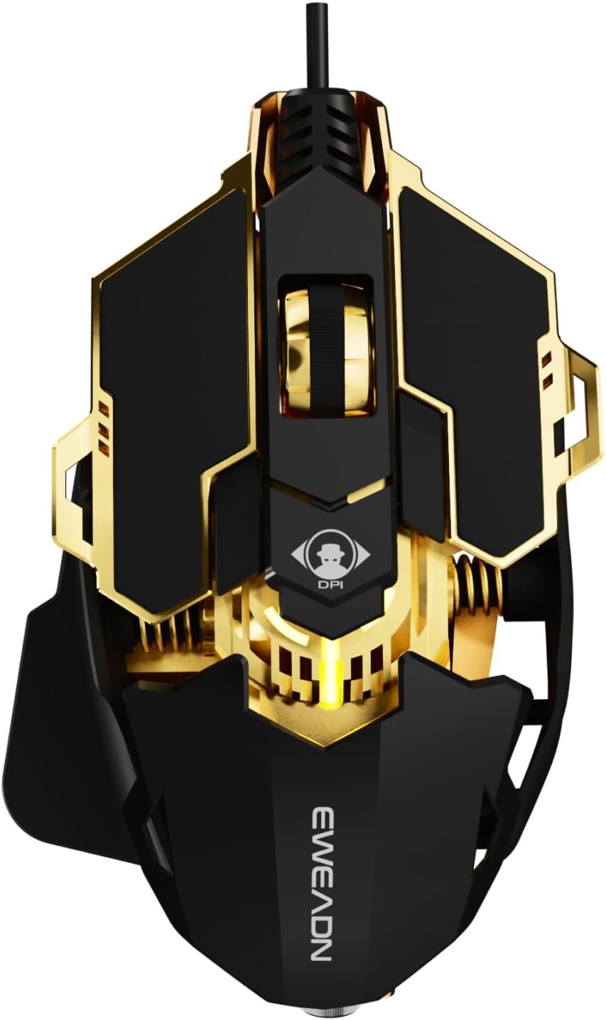 EWEADN G5 Wired Gaming Mouse with Adjustable Tail, 12800 DPI Programmable Computer Mouse with RGB Backlit, 9 Macro Buttons, Rapid Fire Key & Aluminum Base Ergonomic PC Mice for Laptop, PC-Black&Gold