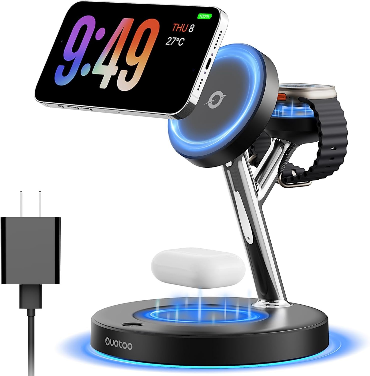 Wireless Charger 3 in 1 for iPhone, Magnetic Charging Station for Apple Family with Adjustable Blue Ambient Light, 15W Fast MagSafe Charger Stand,for iPhone17-12-iWatch AirPods Series