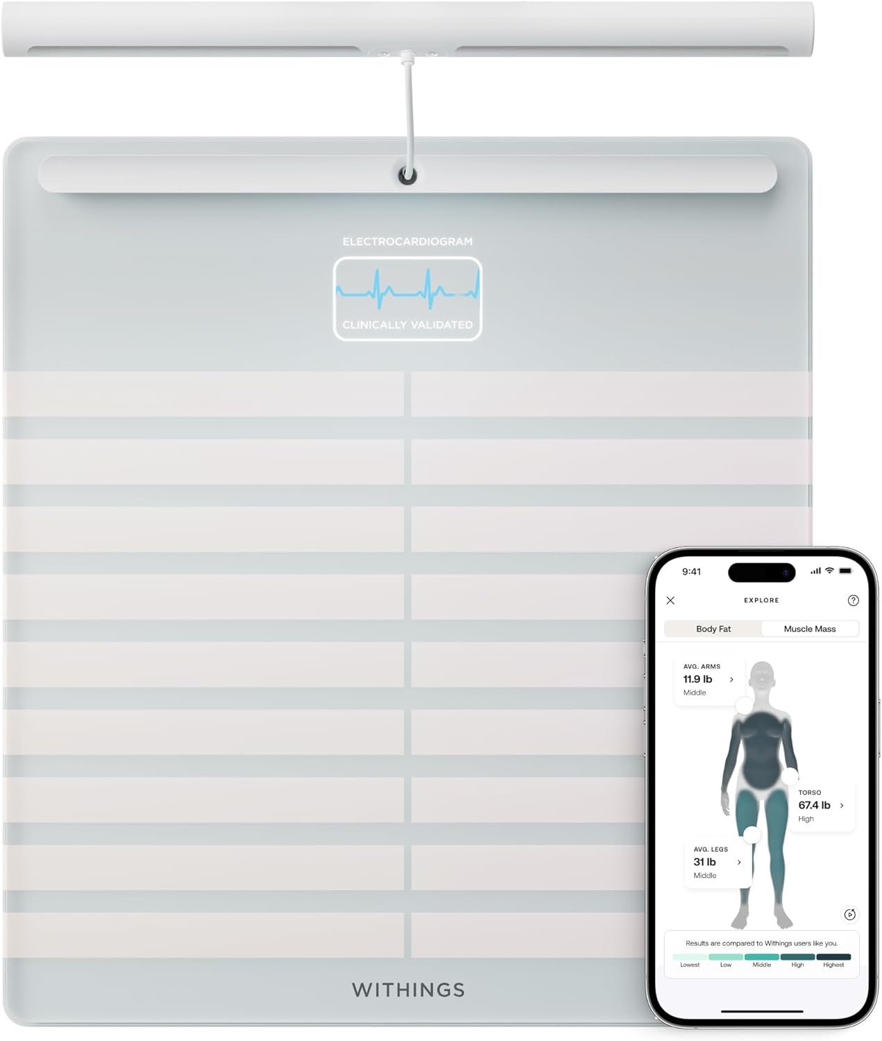 WITHINGS Body Scan – Smart Scale with Segmental Body Composition Analysis, Weighing Scales Body Weight & Vascular Age, Visceral Fat, Heart Rate, iOS/Android