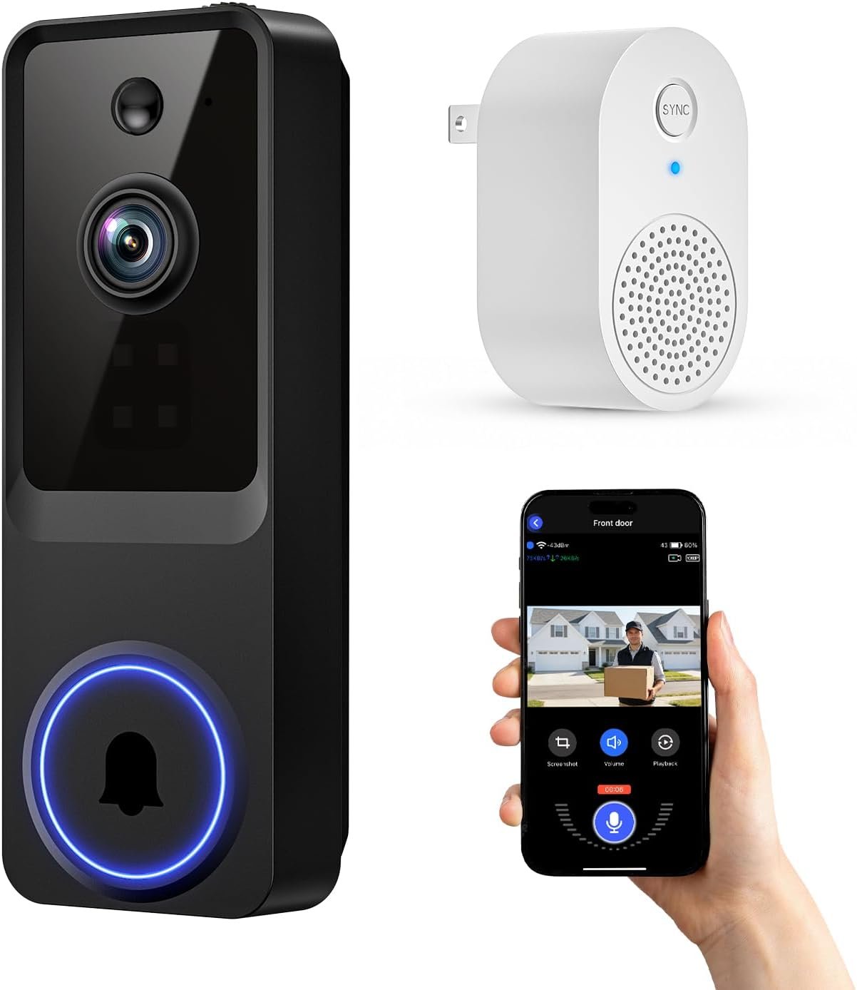1080P Wireless Home Security Doorbell Camera with Receiver, AI Human Detection, Real-Time Alerts, 2-Way Audio, Battery Powered, Night Vision, Cloud Storage, 2.4Ghz Wi-Fi