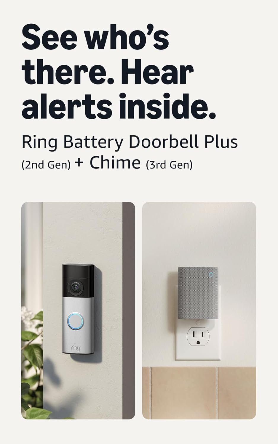 Ring Battery Doorbell Plus (newest model), Nickel Silver with Chime (newest model), White