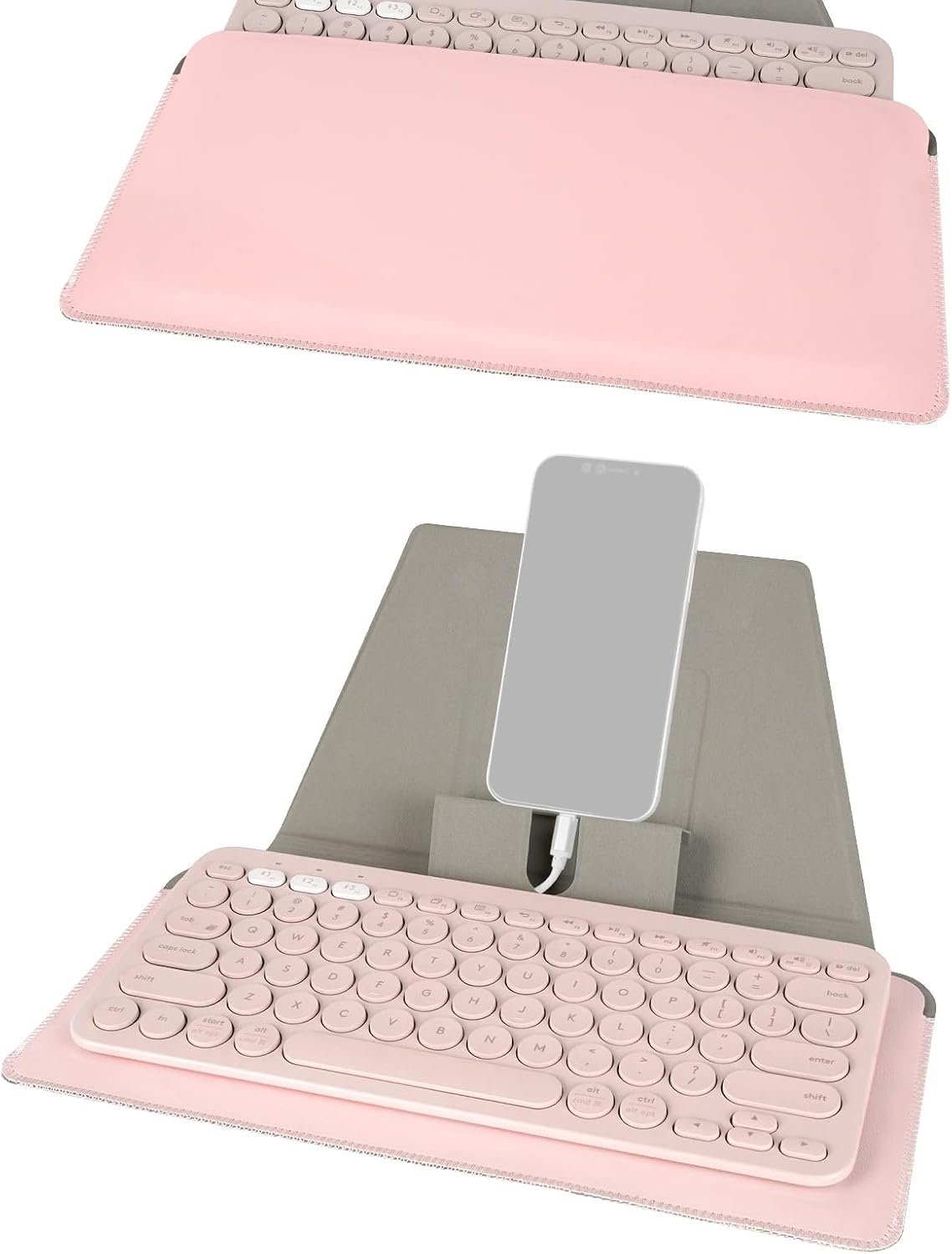 GEEKRIA Compact Keyboard Case, Vegan Leather Travel Case, with Phone and Tablet Holder, Compatible with Logitech K380/Pebble Keys 2 K380s, Magic Keyboard (Pink)