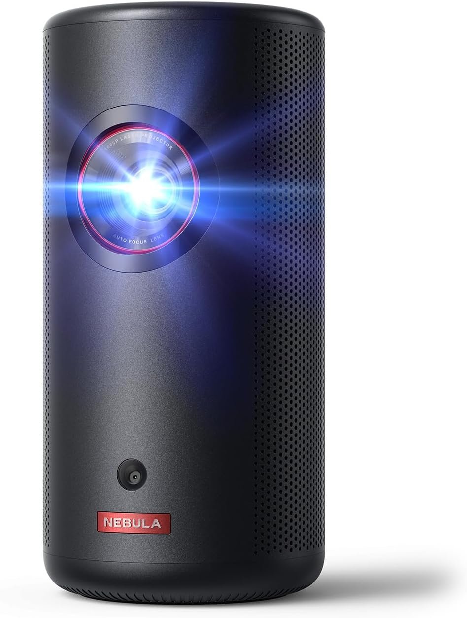 NEBULA Capsule 3 Laser, Outdoor Portable Mini Wi-Fi Smart TV Projector, Upgraded with Google TV, Official Netflix, Dolby Digital, 120 inches Screen and 2.5H Built-In Battery