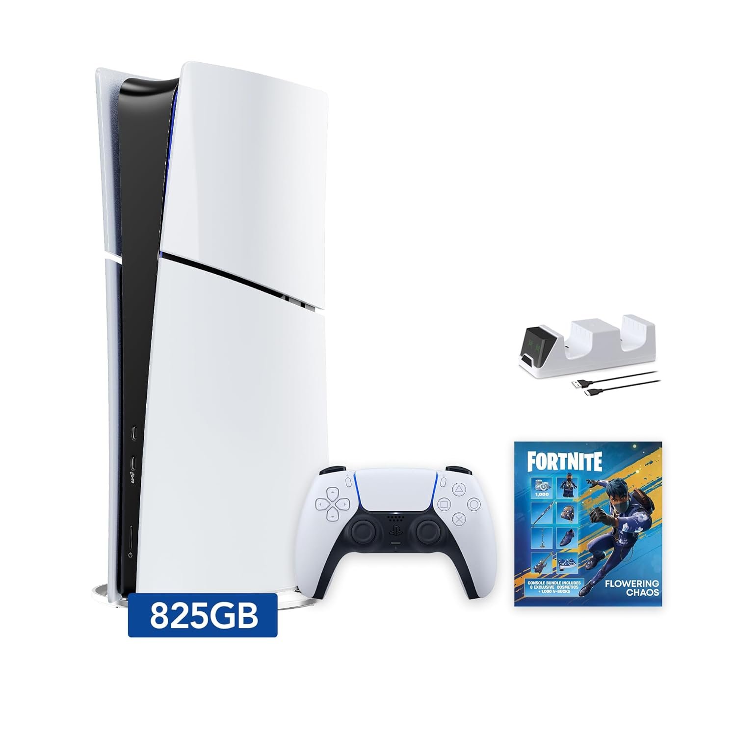 PlayStation 5 Slim Digital Edition Fortnite Flowering Chaos Bundle and Mytrix Controller Charger – White, Slim PS5 825GB PCIe SSD Gaming Console