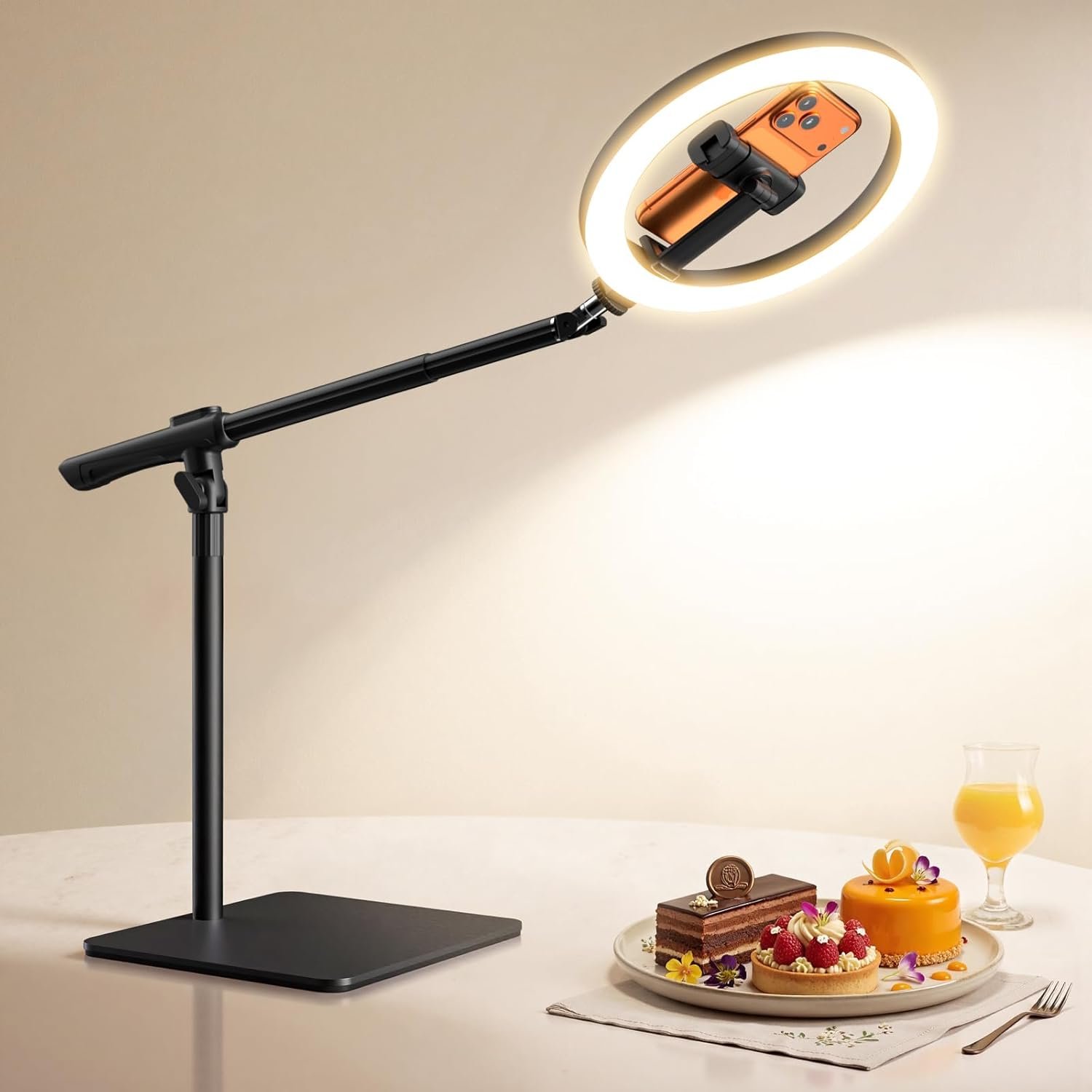 LUXSURE Ring Light with Stand for Desk,Adjustable Overhead Phone Mount with 10″ Selfie Light Phone Tripod with Ring Light and Remote, Phone Stand with Light for Video Recording,Live Stream,Cooking