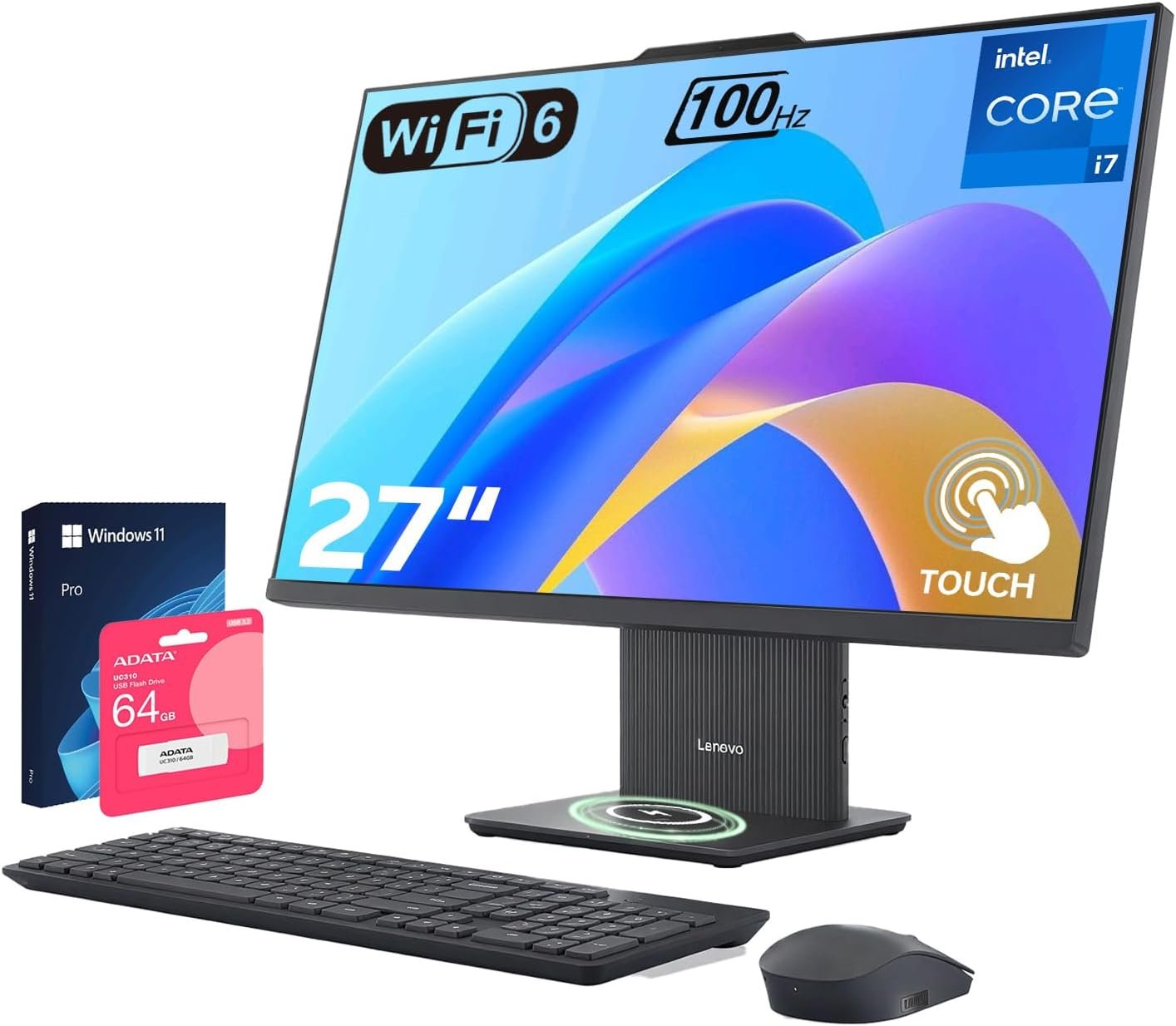 Lenovo IdeaCentre All-in-One Desktop Computer, 27″ FHD Touchscreen 100Hz, i7-13620H, 16GB DDR5 RAM, 1TB SSD, Wireless KB & Mouse & Charging Base, Wi-Fi 6, W11 Pro, Bundle with 64GB USB Flash Drive