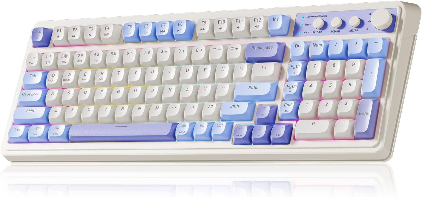 AULA 99 Key Keyboard, Tri-Mode Bluetooth/2.4GHz/USB-C Cute Creamy Gaming Keyboard with Number Pad RGB Backlit, Media Knob Custom Mechanical Feel Computer Keyboards for MAC Xbox PC Gamer – Purple