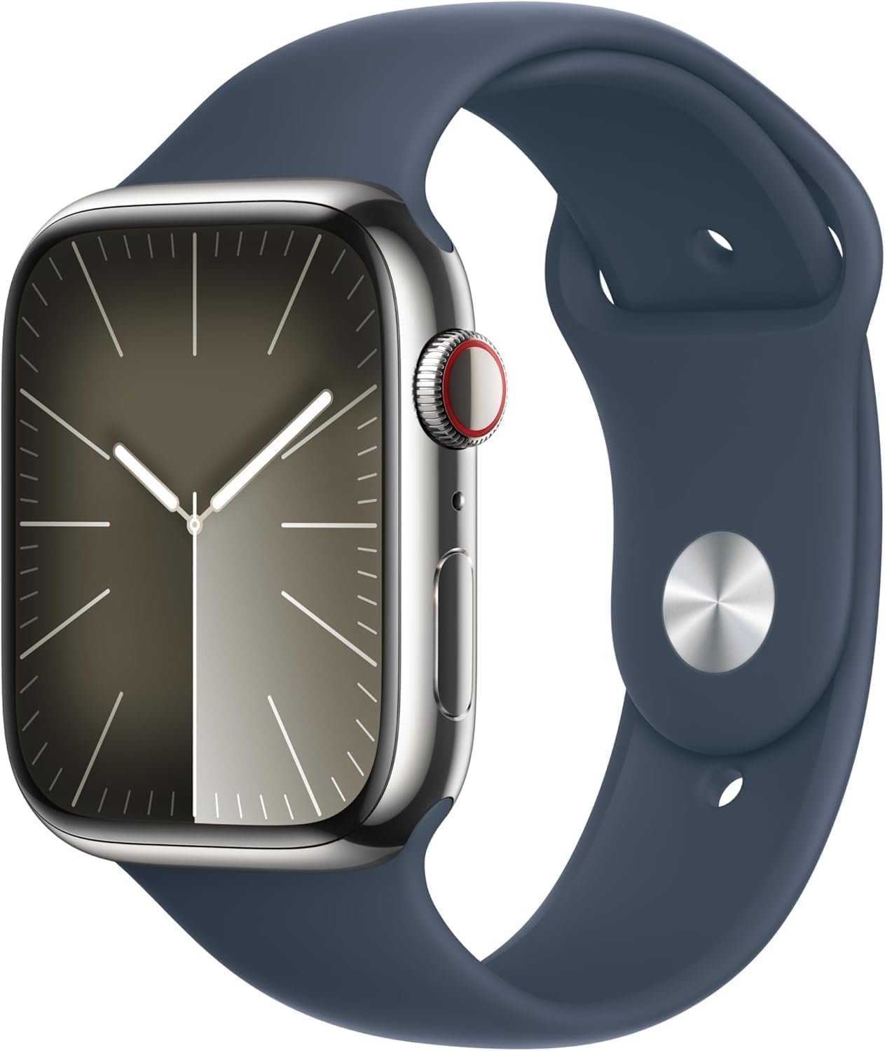 Apple Watch Series 9 [GPS + Cellular, 41mm] – Silver Stainless Steel Case with Storm Blue Sport Band, S/M (Renewed Premium)