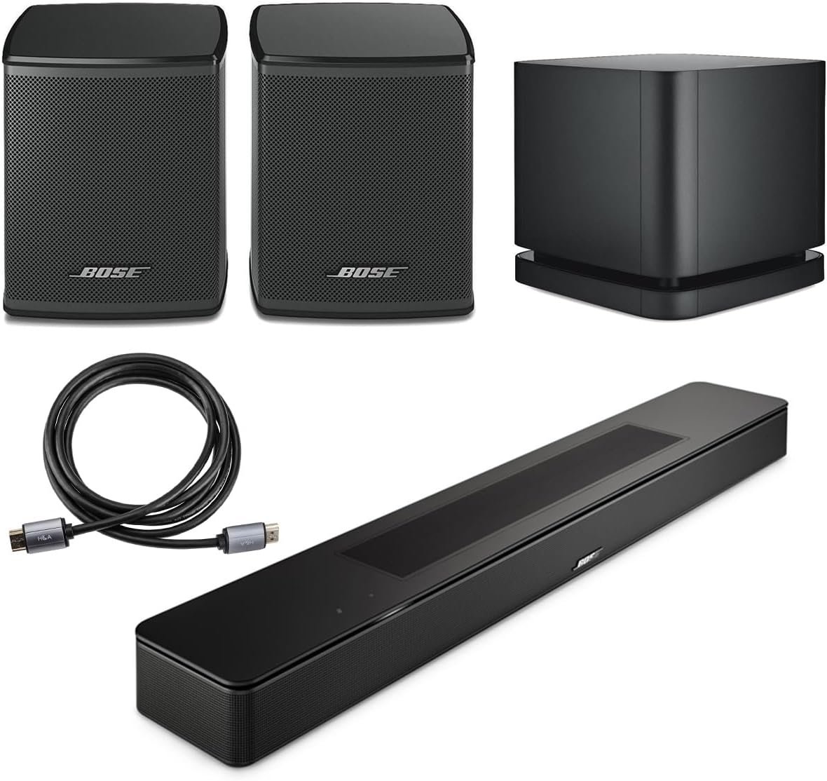Bose Smart Soundbar, Black, Bundle with 2X Wireless Surround Speakers, Bass Module 500, 6′ HDMI 2.0 Cable