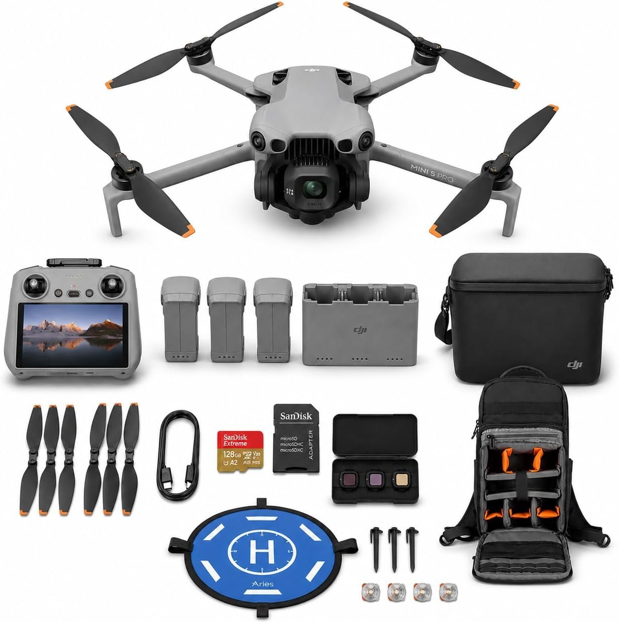 DJI Mini 5 Pro Fly More PLUS Combo Drone with RC 2 Controller, 3 Batteries, Drone with Camera, ActiveTrack 360°, 225° Gimbal Rotation + 128GB microSD Card + Backpack + Landing Pad Bundle