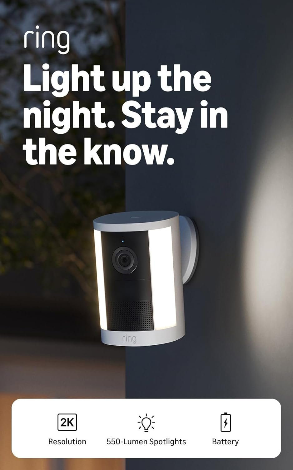 Ring Spotlight Cam, Battery (newest model), Home or business security, Wide-Angle Retinal 2K Video, 6x Enhanced Zoom, Motion-Activated Spotlights, White