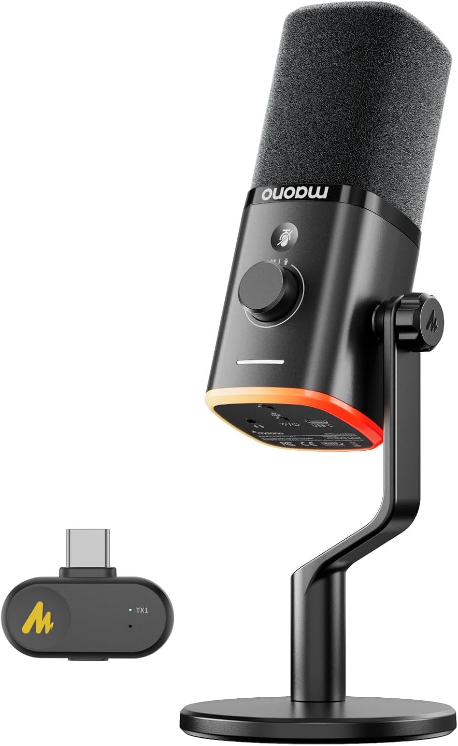 MAONO PD100W Wireless USB Dynamic Microphone, Gaming PC Mic with One-Click Noise Reduction,Mute Button,Custom RGB, 3.5mm Headphone Jack, Software, Podcast Streaming Mic (Desktop((Type-C RX), Black)