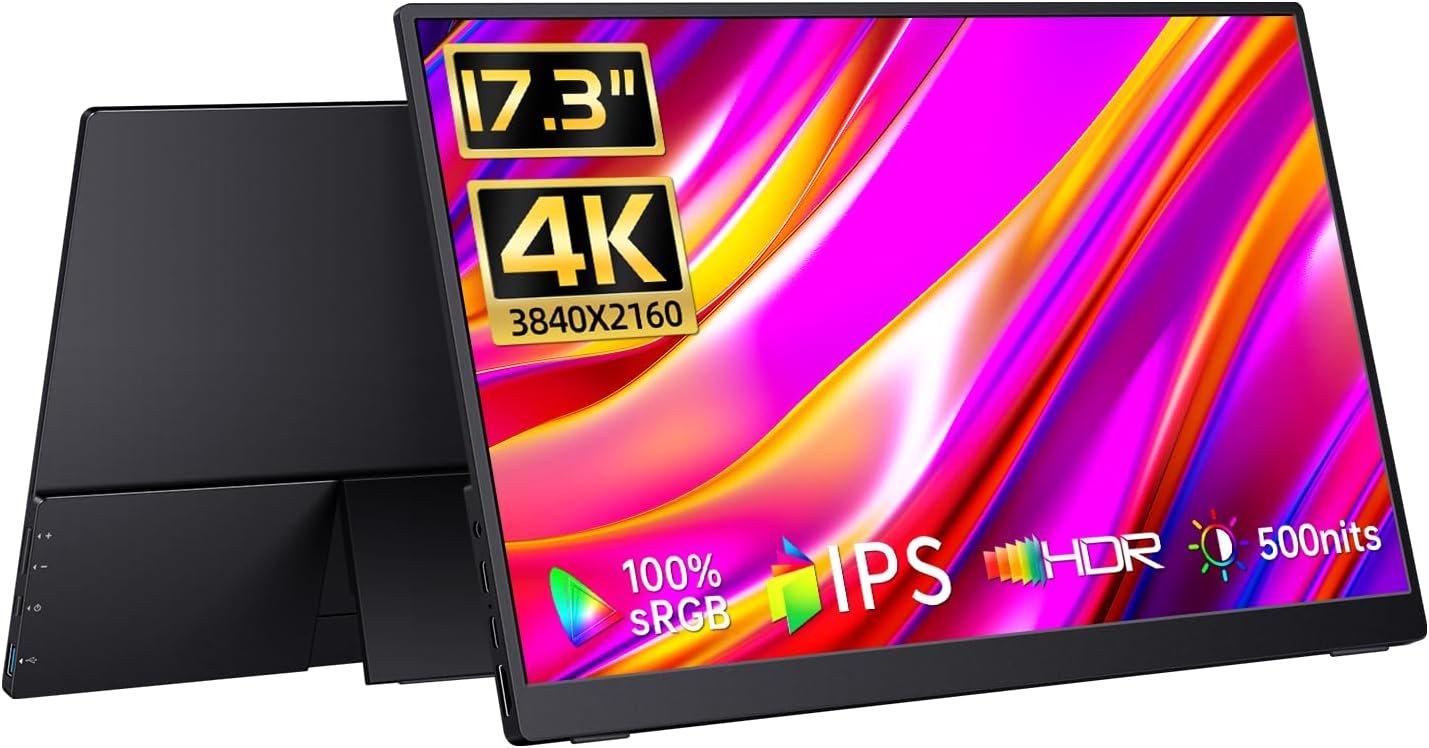 CAPERAVE 17.3″ Portable Monitor 4K, 500 Nits 3840 * 2160p 100% Adobe RGB Travel Monitor with Bulit-in Kickstand & Speakers, Portable Computer Monitor, External Monitors for Laptop PC Xbox Switch PS4/5