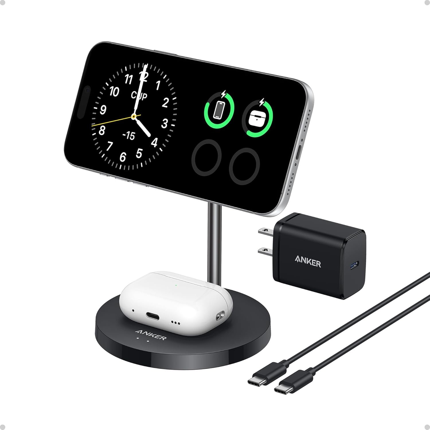Anker MagSafe Compatible MagGo Charger Stand, iPhone 17 Wireless Charger, 2-in-1 Charging Station, Qi2 Certified 15W Fast Charging, for iPhone 17/16/15/14/13/12, AirPods Pro (40W Adapter Included)