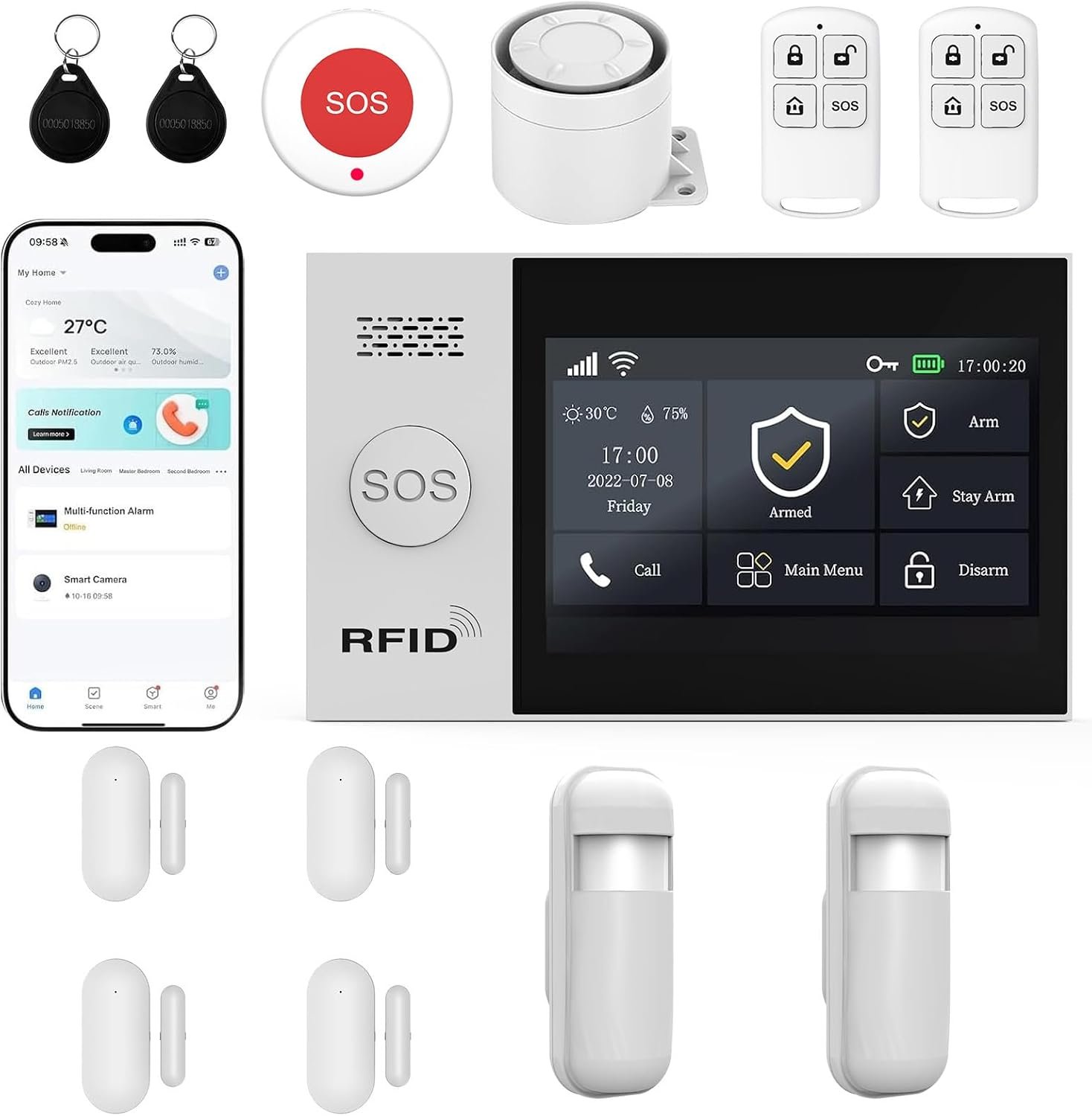 WiFi Wireless Alarm System for Home Security – 24/7 Protection Smart Home Devices 4.3″ Touch Screen, GSM/4G+WiFi, App Instant Alerts, No Monthly Fee, Alexa Compatible for Villa, Kids Safety (13pcs)