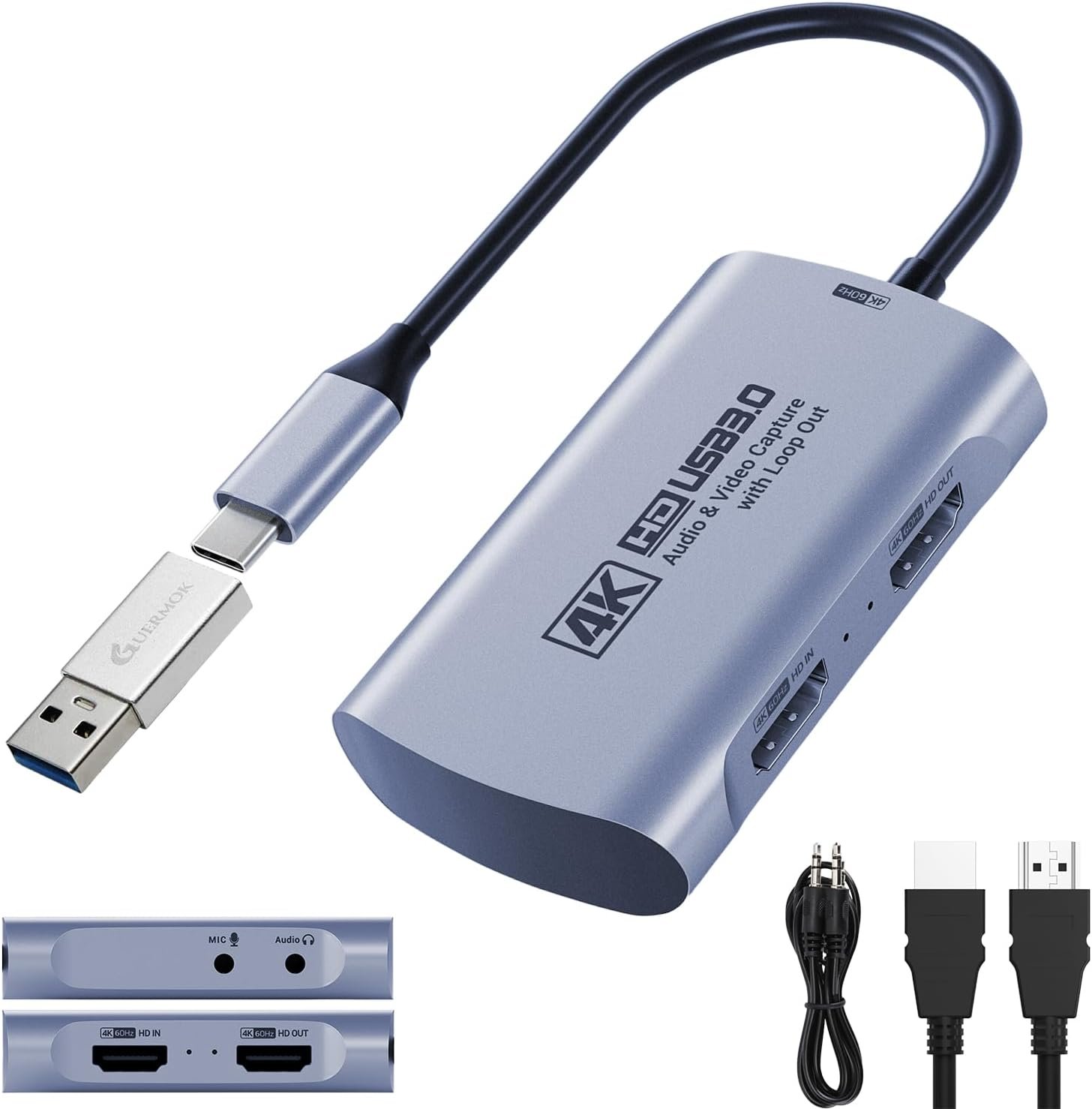 Guermok 4K@60FPS Capture Card for Streaming, 2K@144FPS USB 3.0 HDMI to USBC Camera Video Capture, 4K60 Passthrough, 3.5mm Audio in & Mic Out, Works with Switch 2/1, PS5/4, Xbox, Pad, Mac, PC