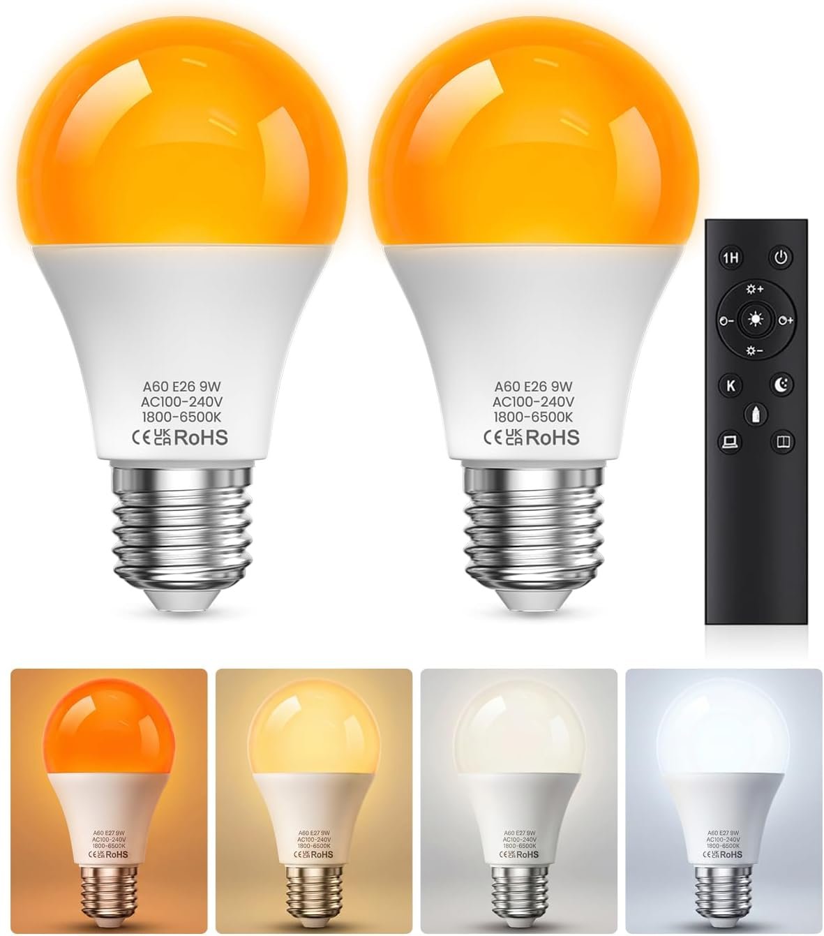 E26 LED Light Bulbs with Remote Control, Amber Light Bulbs 9W 60W Equivalent Warm Light Bulbs, 1800K-6500K Dimmable Remote Control Bulb for Bedroom, Nursery, Reading & Sleep Health, 2Bulb & 1Remote