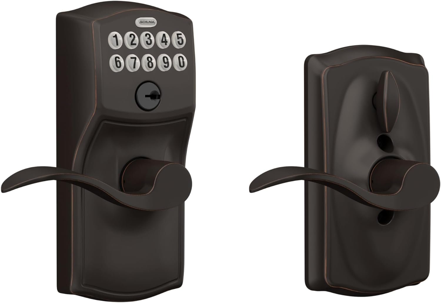 Schlage Camelot Keypad Lock with Lever Handle, Electronic Keyless Door Entry, Flex Lock Auto‑Lock Option, Aged Bronze, FE595 CAM 716 ACC