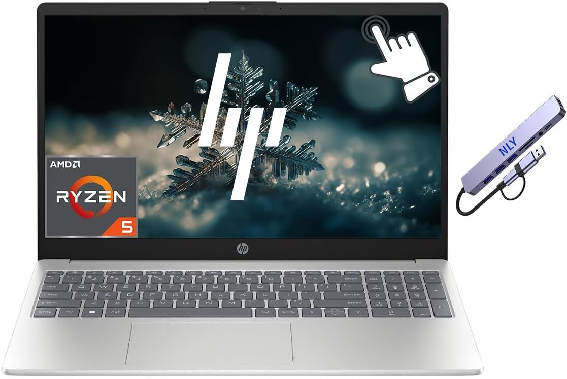 HP 15.6″ HD Touchscreen Business Laptop Computer, AMD Ryzen 5 Processor, Windows 11 Pro Laptop 8GB RAM 512GB Storage (256GB SSD+256GB Docking Set), NLY Earphones, Silver