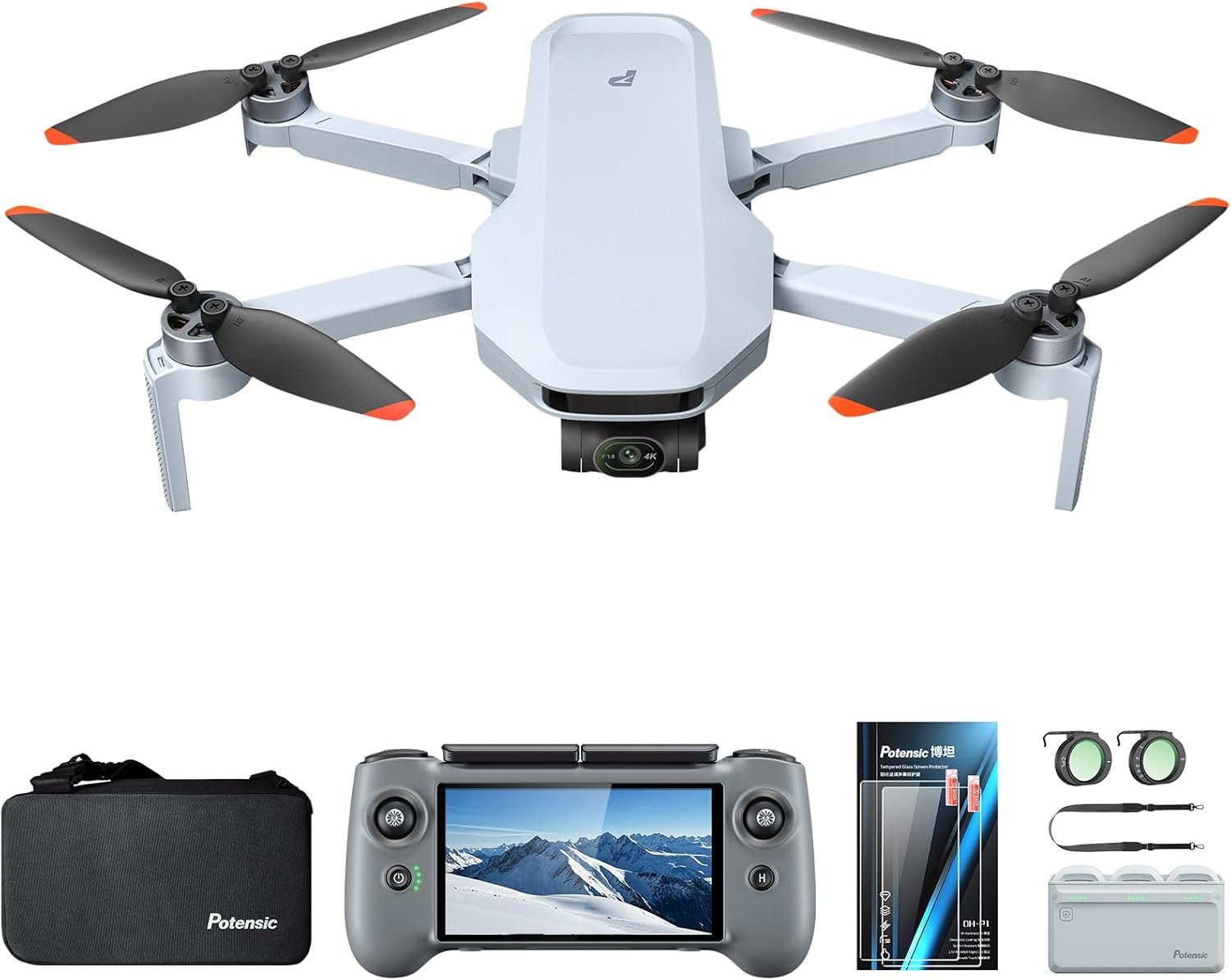 Potensic ATOM 2 Fly More Combo with RC PTD 1, Drone with Camera 4K, 8K Photo, 10KM Transmission, 96 Mins Flight, 3-Axis Gimbal, AI Track, Vertical Shooting, ND CPL Filter, RC Strap, Screen Protector