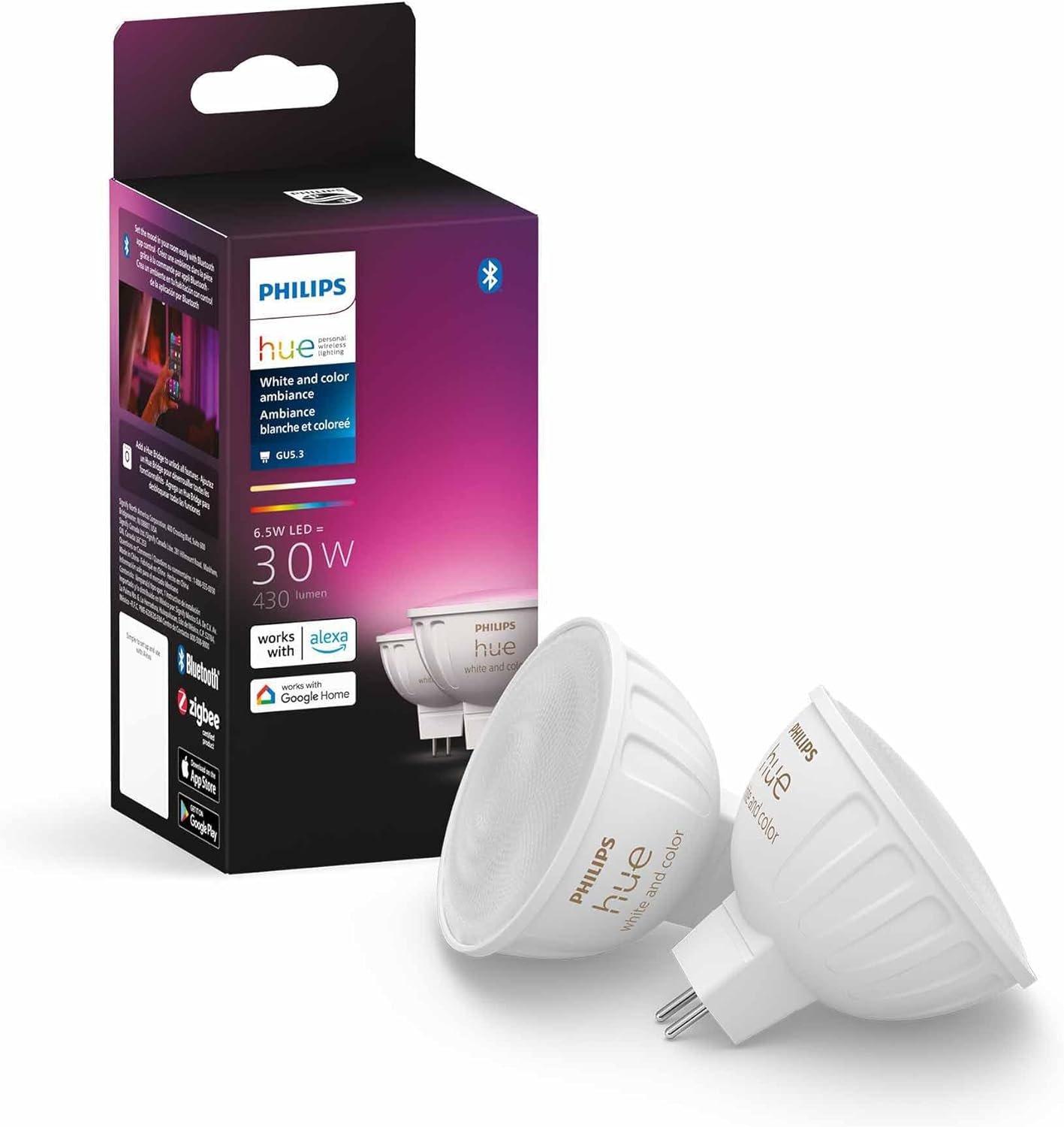 Philips Hue MR16 Smart LED Bulb 2-Pack, White and Color Ambiance, 30-Watt Equivalent, 2200-6500K