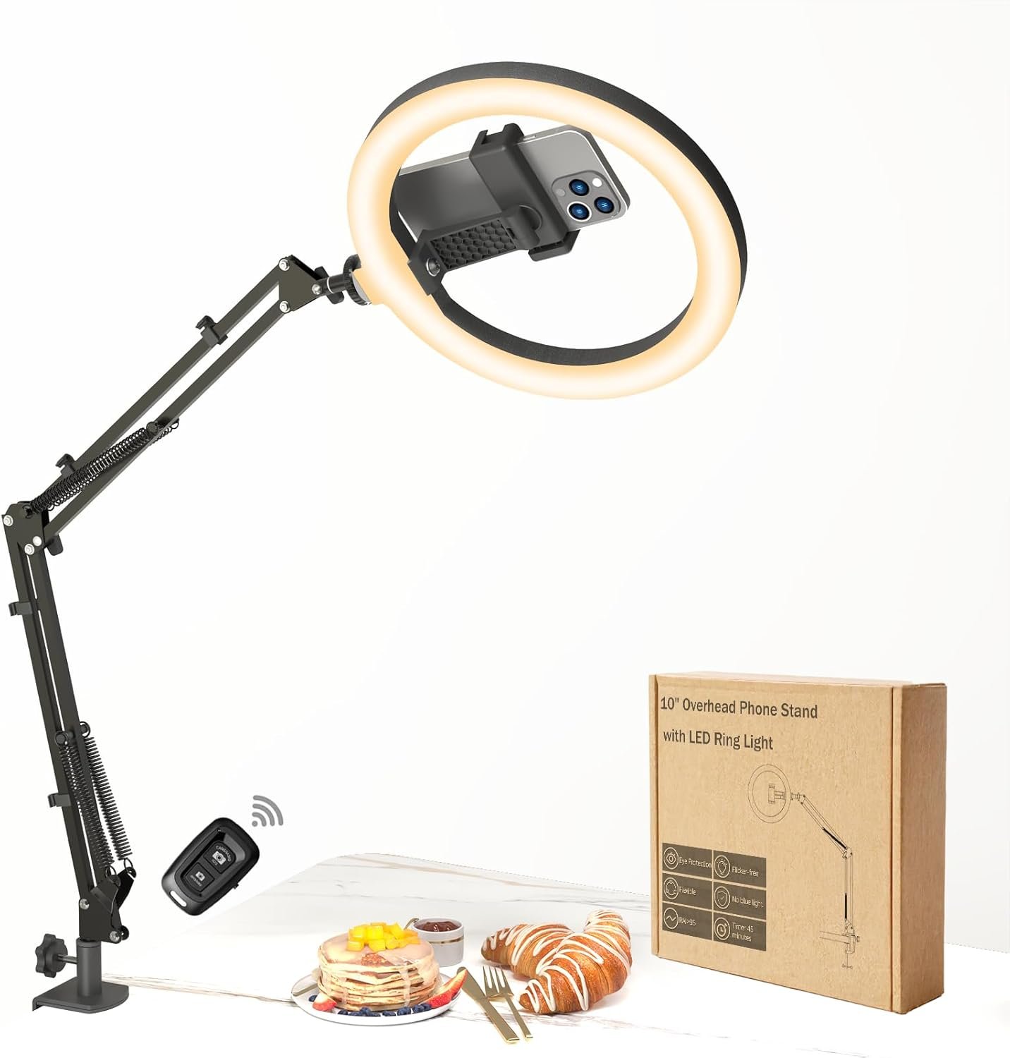 10″ LED Ring Light with Overhead Phone Stand, CRI≥95 1200lm Dimmable Lighting, Adjustable Metal Arm with Remote & Phone Holder, for Streaming, Makeup, Zoom Calls, Photography