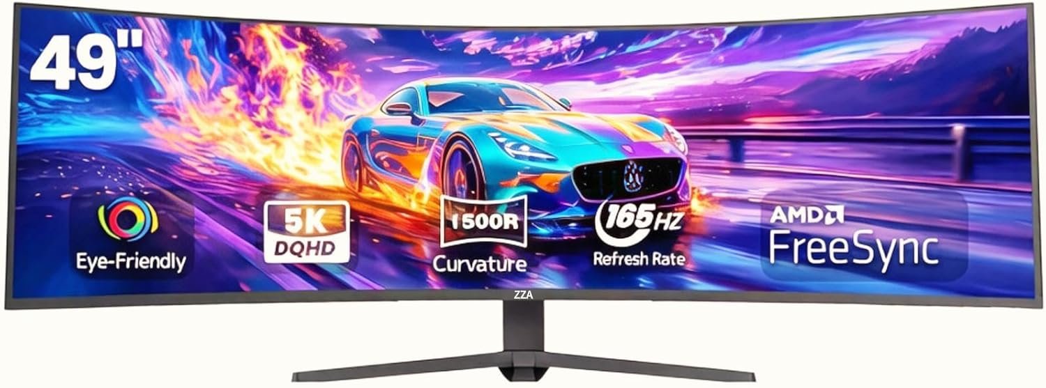ZZA 49 Curved Gaming Monitor | DQHD(5120 * 1440), 144Hz/165Hz, 1500R, 32:9, AMD FreeSync,PIP/PBP Mode, 120% sRGB, Height Adjustable Ultra-Wide Screen Monitors, HDMI 2.1 & DP 1.4, Wall Mount Install