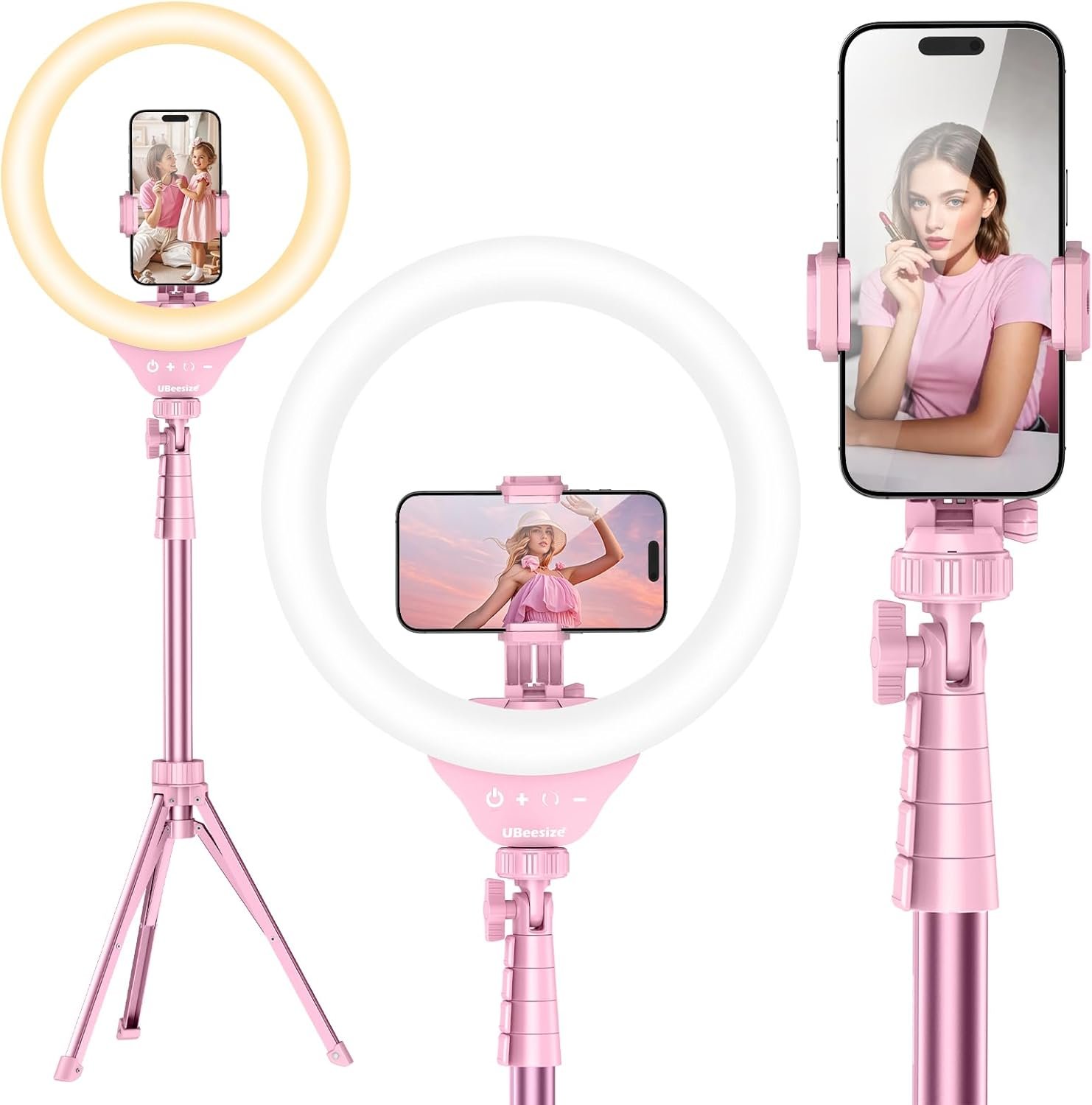 UBeesize 12” LED Ring Light with 62” Tripod Stand, Selfie Ring Light for Video Recording, Live Streaming, TikTok & YouTube, Compatible with iPhone & Android (Pink)