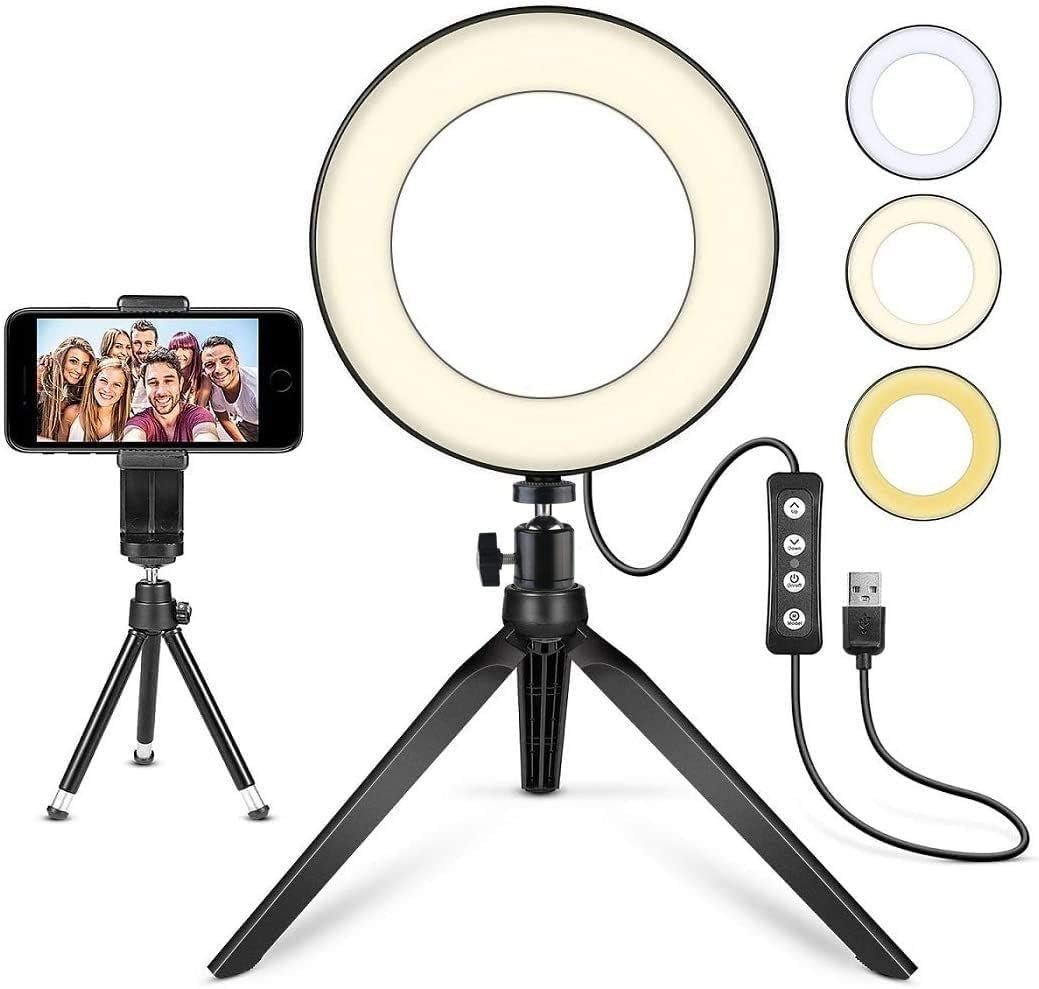 LED Ring Light 6″ with Tripod Stand for Desk YouTube Video and Makeup, Mini Camera Light with Cell Phone Holder Desktop LED Lamp with 3 Light Modes & 11 Brightness Level (6 inch)