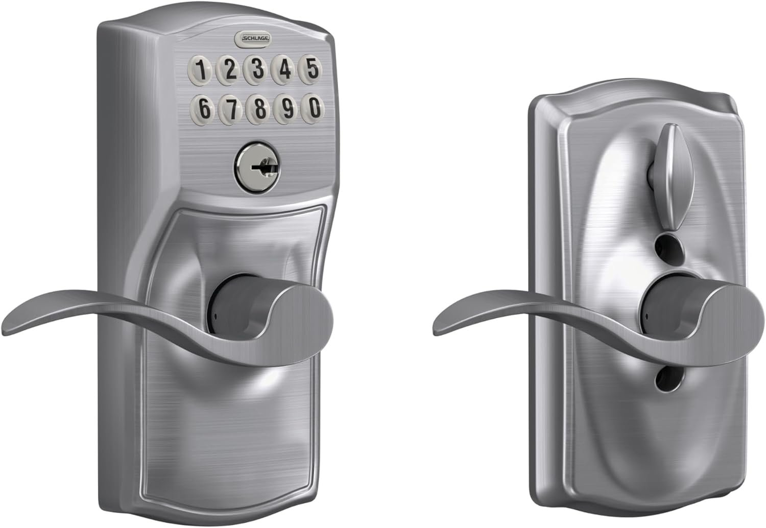 Schlage Camelot Keypad Lock with Lever Handle, Electronic Keyless Door Entry, Flex Lock Auto‑Lock Option, Satin Chrome, FE595 CAM 626 ACC