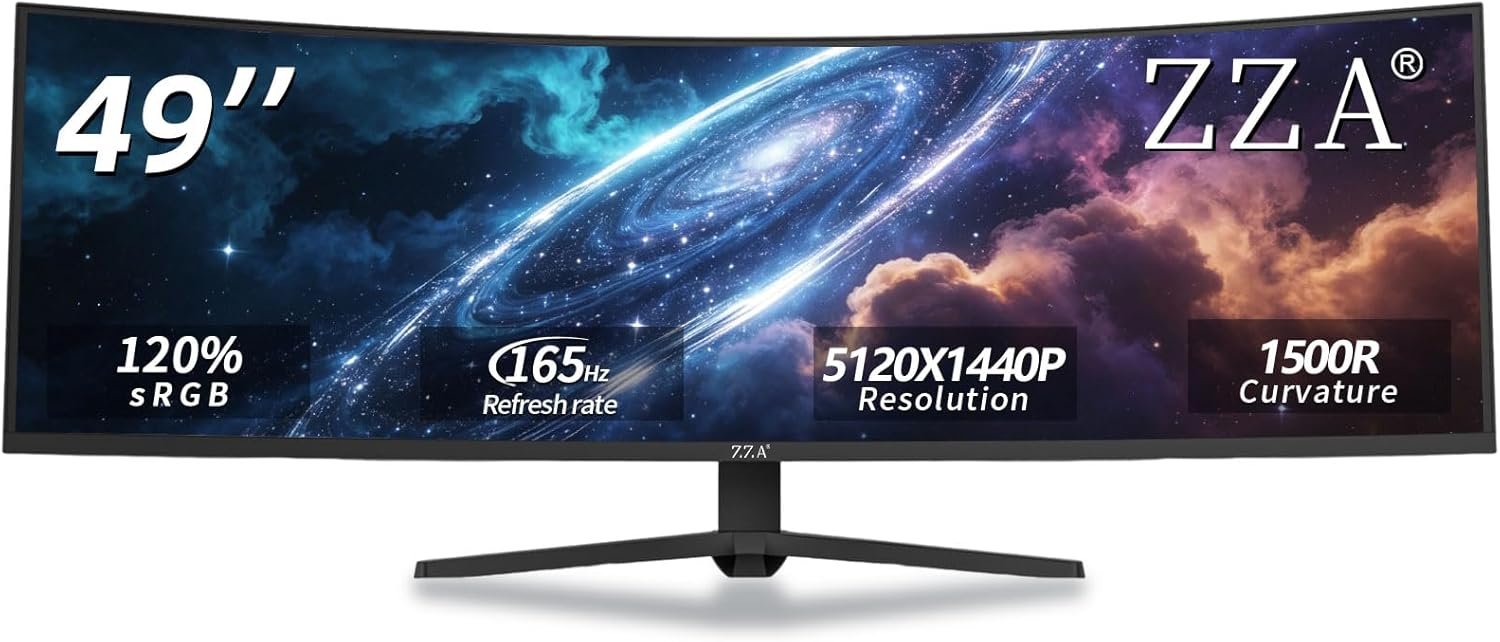 ZZA Ultrawide 49 Inch Curved Monitor 5120×1440P 165Hz Large Computer Monitor 5K Dual Quad High Definition 1500R Curved AMD FreeSync 120% sRGB Height Adjustable, HDMI 2.1 & DP 1.4, VESA Mount, Black