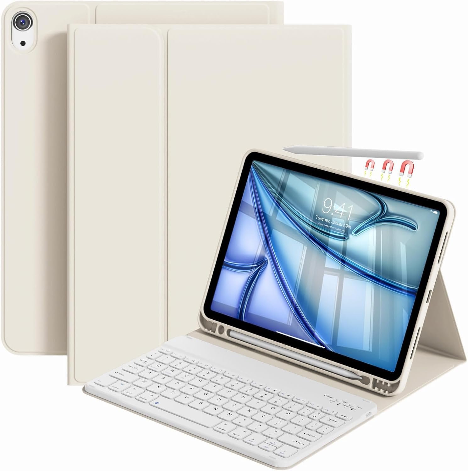 Keyboard Case for iPad Air 11 Inch (M4/M3/M2, 2026/2025/2024), for iPad Air 5th/4th Generation 10.9 Inch, Magnetic Detachable Bluetooth Keyboard, Folio Cover with Pencil Holder, Cream White