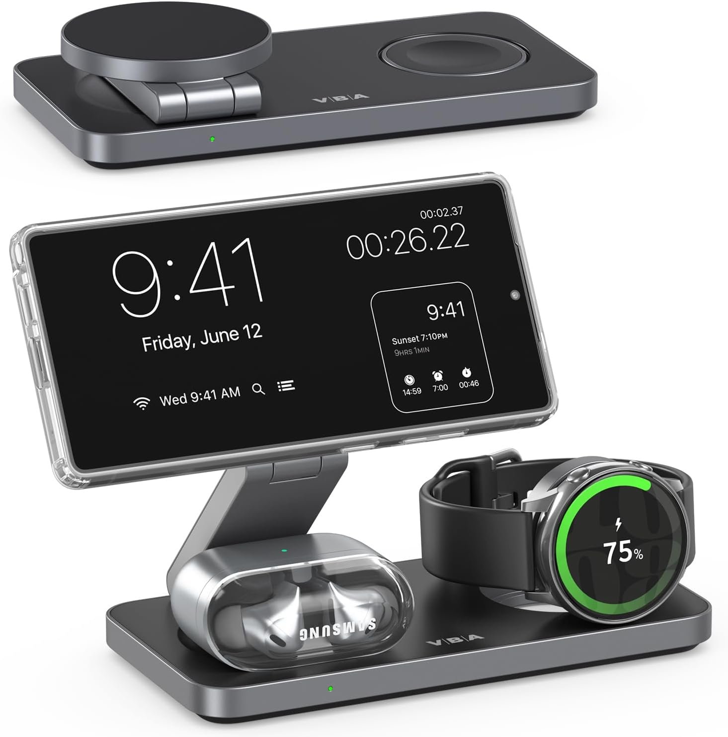3 in 1 Foldable Magnetic Wireless Charging Station for Samsung, Wireless Charger Stand for Galaxy S26 Ultra S25/S24 /Note 20/Flip 7/Fold 7, for Galaxy Watch Ultra/8/7/6,Galaxy Buds 3/3 Pro